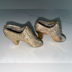 Antique set pin cushion Victorian shoes, brass